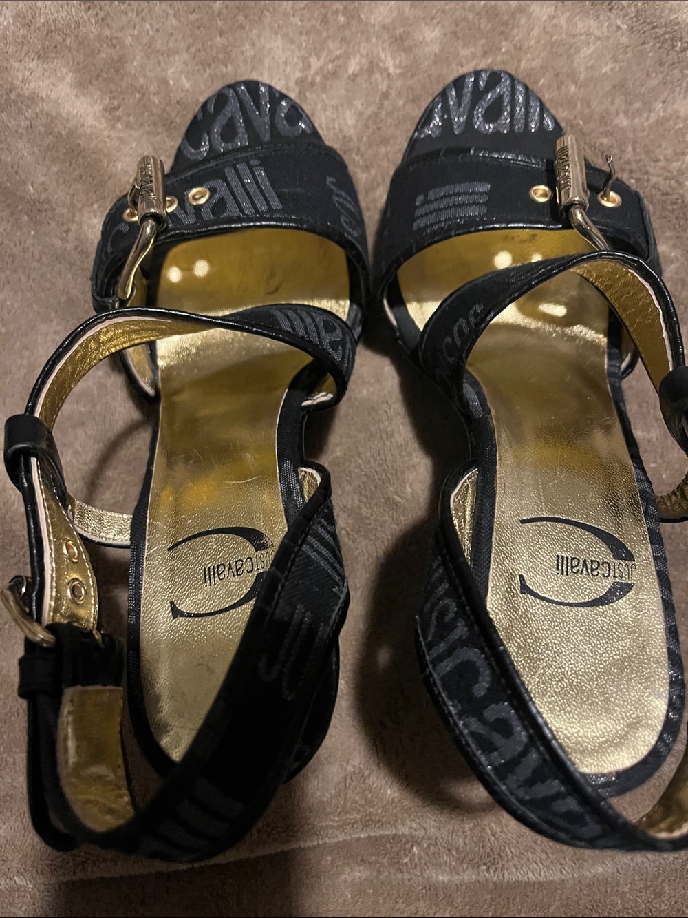 Just Cavalli Black and Gold Logo Slingback Heels